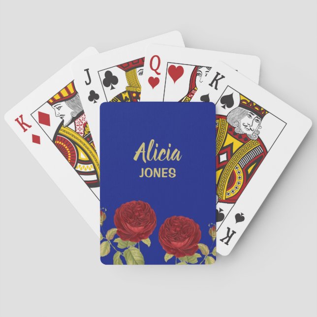 Baraja De Cartas Flor roja y hojas azules (Reverso)