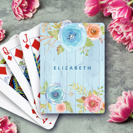 Baraja De Cartas Floral acuarela rústico de madera azul nombre de c