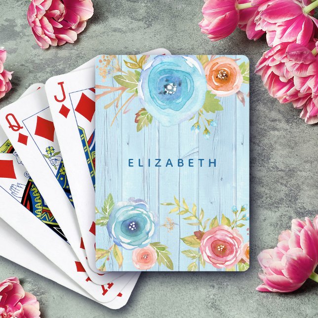 Baraja De Cartas Floral acuarela rústico de madera azul nombre de c (Subido por el creador)