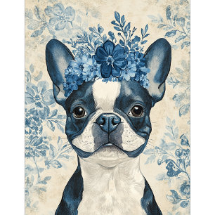 Baraja De Cartas Floral azul del perro del Terrier de Boston