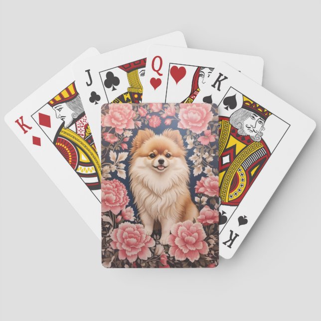 Baraja De Cartas Floral rosa de perro de Pomerania (Reverso)