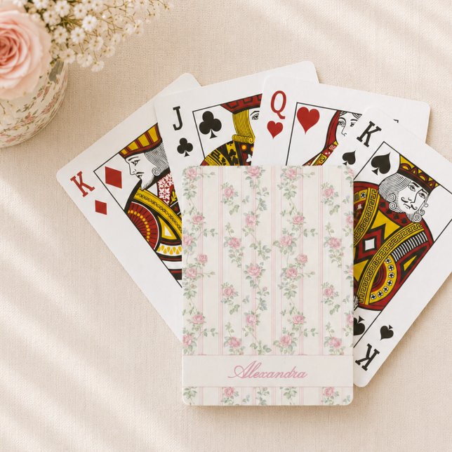 Baraja De Cartas Floral Rosa Personalizado (elegant girly grandmillennial coquette pink rose floral playing cards with custom name monogram)
