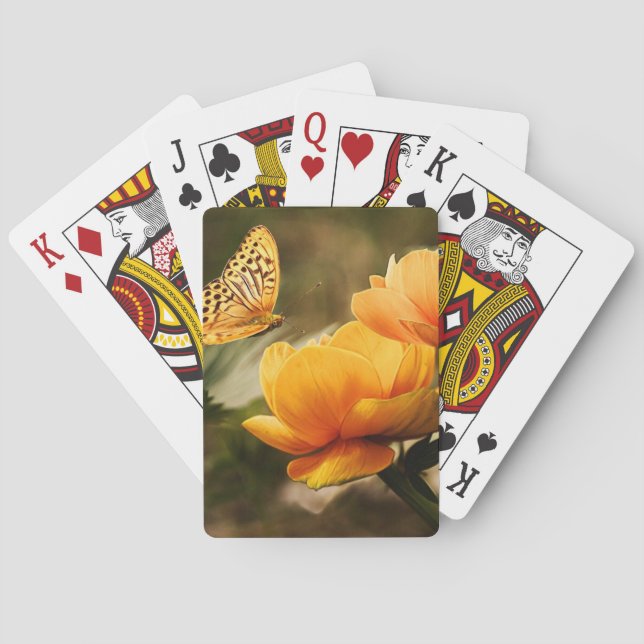 Baraja De Cartas Flores amarillas profundas brillantes con mariposa (Reverso)