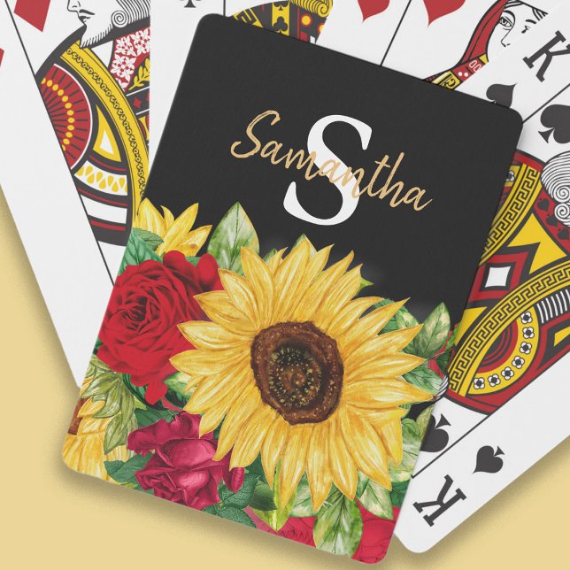 Baraja De Cartas Flores amarillas Rojas Rojas Monograma negro (Sunflowers and roses on black playing cards personalized with your monongram)