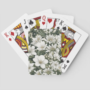 Baraja De Cartas Flores blancas botánicas sobre hojas verdes