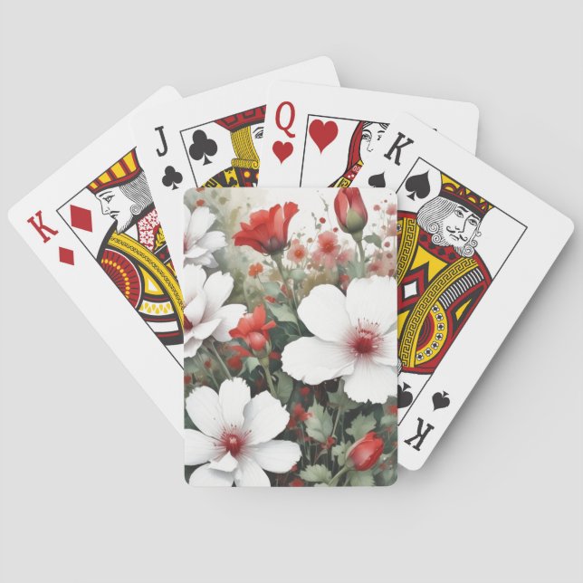 Baraja De Cartas Flores blancas y rojas Elegante acuarela (Reverso)