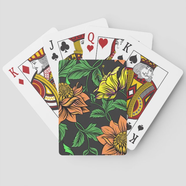 Baraja De Cartas Flores brillantes pop de fondo negro (Reverso)