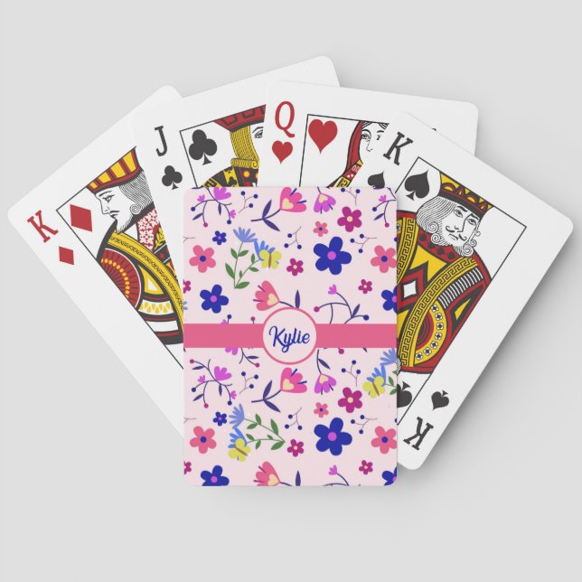 Baraja De Cartas Flores cortas y mariposas en rosa (Reverso)
