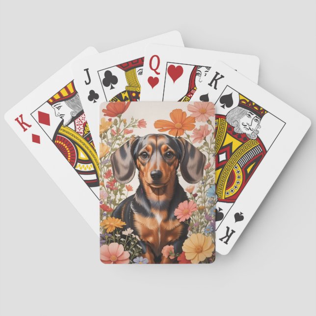 Baraja De Cartas Flores Cute Brown Dachshund Y Cosmos (Reverso)