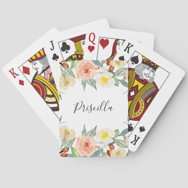 Baraja De Cartas Flores De Color De Agua De Peach Modernas Con Nomb (Reverso)