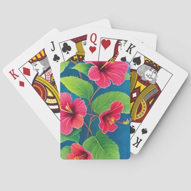 Baraja De Cartas Flores de hibisco sobre azul (Reverso)