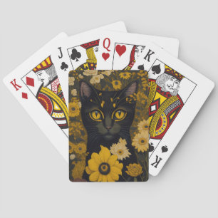 Baraja De Cartas Flores de venado de ojos amarillos de gato negro #