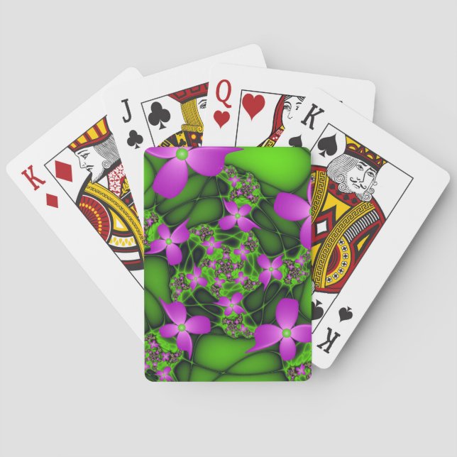Baraja De Cartas Flores fractales abstractas modernas neón rosa ver (Reverso)