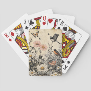 Baraja De Cartas Flores, pájaros y mariposa en papel envejecido