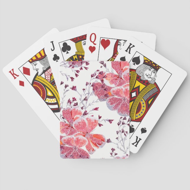 Baraja De Cartas Flores rojas rosadas sobre blanco. (Reverso)