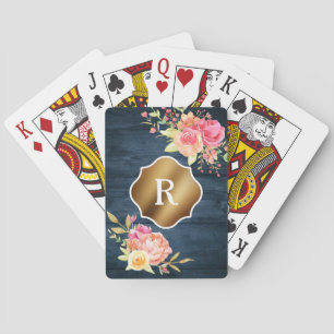 Baraja De Cartas Flores rosadas monograma dorado madera naval rústi