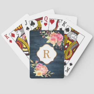 Baraja De Cartas Flores rosadas monograma dorado madera naval rústi