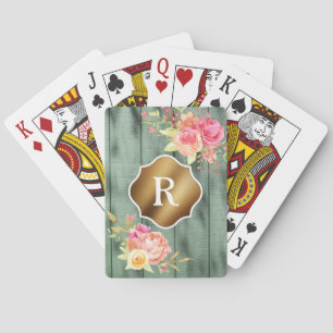 Baraja De Cartas Flores rosadas monograma dorado madera verde rústi