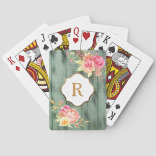 Baraja De Cartas Flores rosadas monograma dorado madera verde rústi