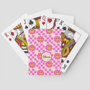 Baraja De Cartas Flores sonrientes de color rosa caliente a cuadros