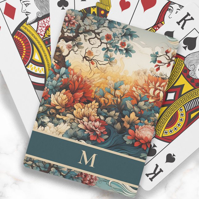 Baraja De Cartas Flores Verde azuladas naranjas dejan Monograma ini (Elegant orange and teal flowers and leaves monogram playing cards)