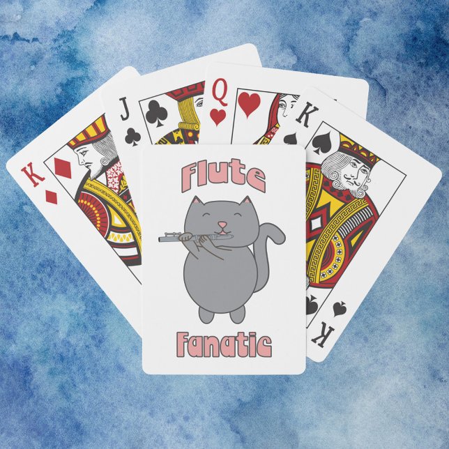 Baraja De Cartas Flute Fanatic Pink Gray Cat (A deck of playing cards that has a gray cat playing the flute with the words flute fanatic.)