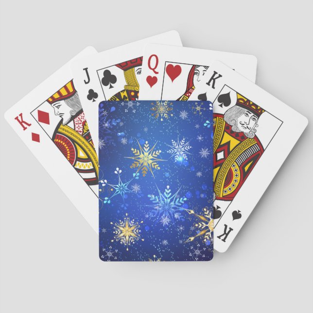 Baraja De Cartas Fondo azul XMAS con copos de nieve dorados (Reverso)