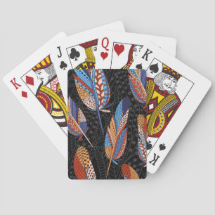Baraja De Cartas Fondo inoxidable con patrón de plumas coloridas.