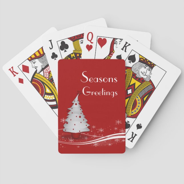 Baraja De Cartas Fondo rojo y árbol blanco de Navidad (Reverso)