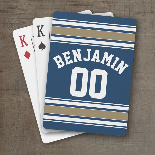 Baraja De Cartas Football Jersey Navy Blue Gold Stripes Número de n (Personalized Playing Cards - Sports Jersey Design)