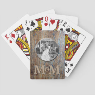Baraja De Cartas Foto personalizada Monograma Rústico Boda de Mader