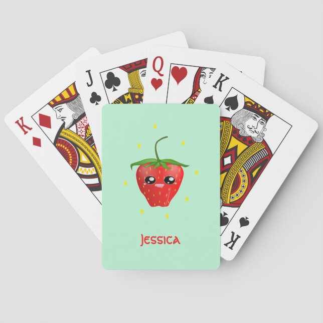 Baraja De Cartas Fruto de fresa monograma kawaii en turquesa (Reverso)
