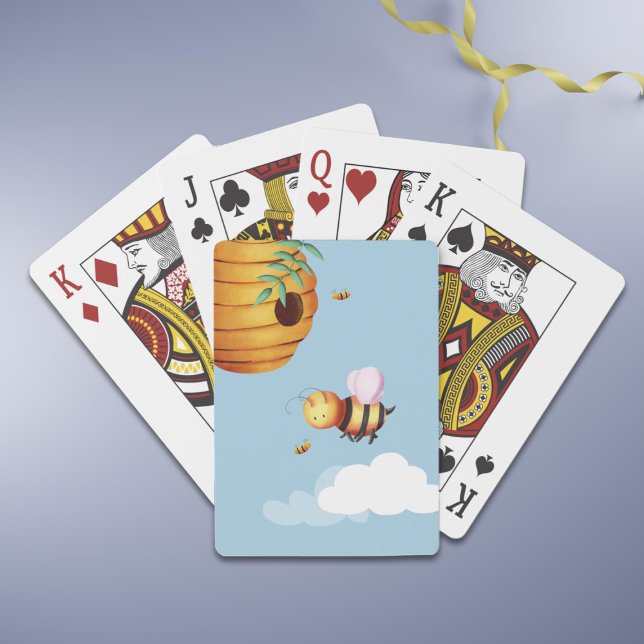 Baraja De Cartas Fun Yellow Bee (Personalized Cute Bee and Beehive Blue Playing Cards)