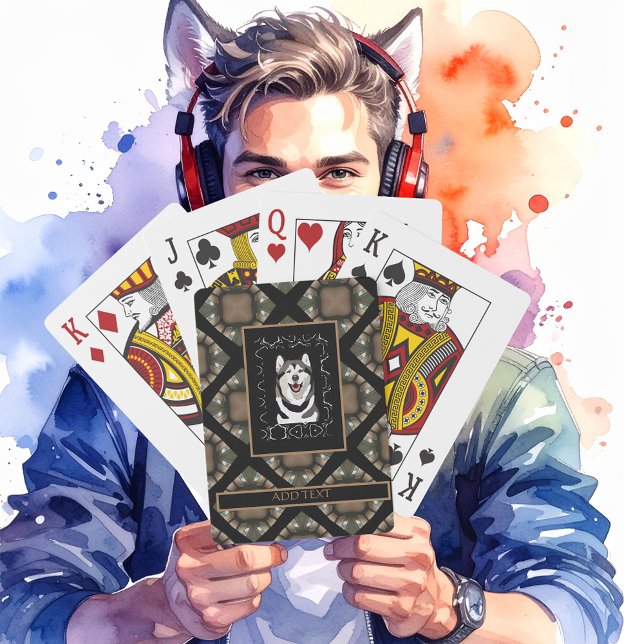 Baraja De Cartas Gamer Name & Photo Tan/Brown/Black (Deck of Playing Cards with a Husky center. Customize. Enlarged to see Cards easer!)