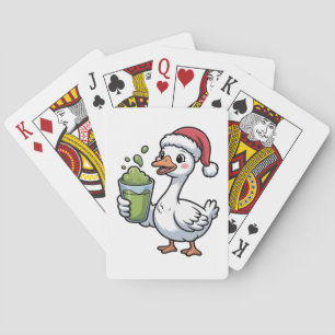 Baraja De Cartas Ganso sosteniendo bebida de matcha con sombrero de