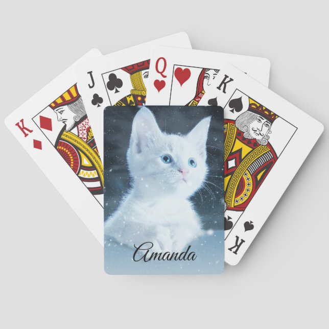 Baraja De Cartas Gatito blanco lindo con los ojos azules en Bonito (Reverso)