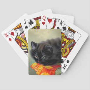 Baraja De Cartas Gatito negro vintage con manta de flores rojas