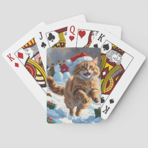 Baraja De Cartas Gato Angora Turco Corriendo en Sombrero de Navidad