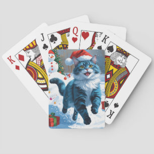 Baraja De Cartas Gato Azul Oriental Sentado en Sombrero de Navidad