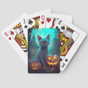 Baraja De Cartas Gato azul ruso de Halloween con calabazas aterrado