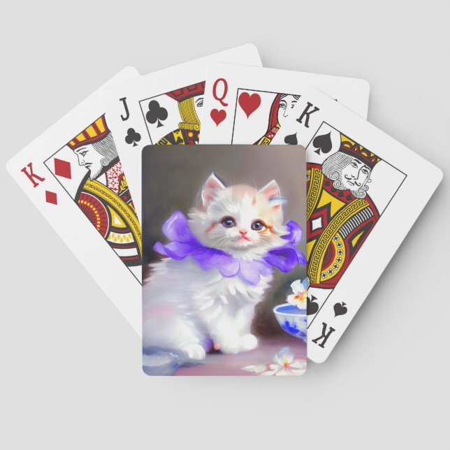 Baraja De Cartas Gato blanco con pintura de cuello de flores morada (Reverso)