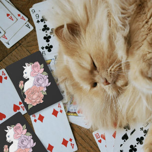 Baraja De Cartas Gato Blanco Floral Pastel Botánico Romántico Negro
