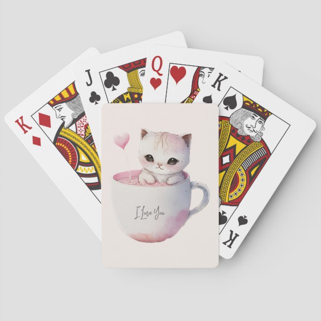 Baraja De Cartas Gato blanco-rosado en una taza de té (4) (Reverso)