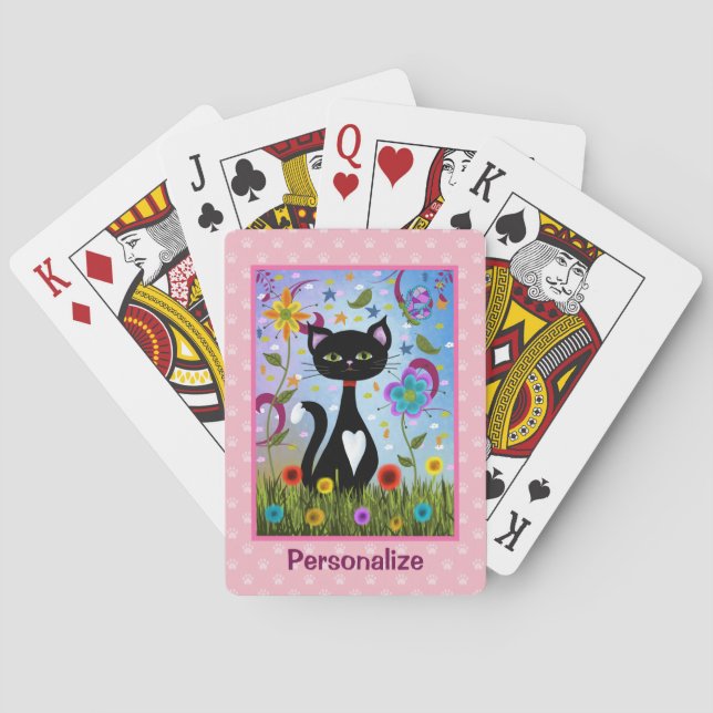 Baraja De Cartas Gato Blanco Y Negro En El Jardín Personalizado (Reverso)