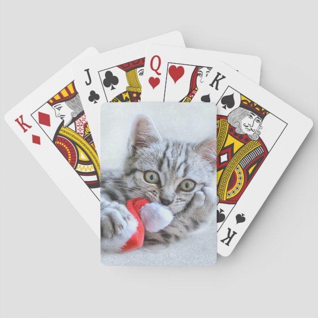 Baraja De Cartas Gato de grisáceo lindo con Navidades Gorras navida (Reverso)