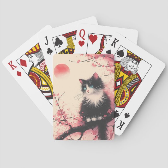 Baraja De Cartas Gato de Tuxedo en estética japonesa florece cerezo (Reverso)