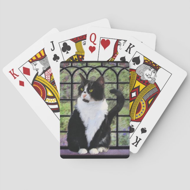 Baraja De Cartas Gato de Tuxedo en la ventana Pintura de arte anima (Reverso)