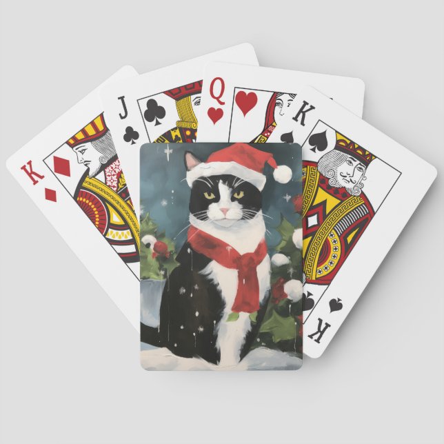 Baraja De Cartas Gato de Tuxedo en Navidades de nieve (Reverso)