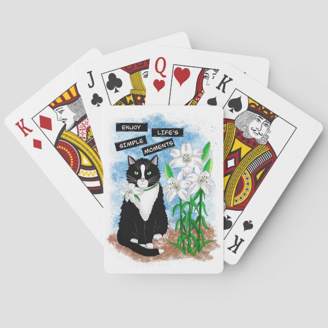 Baraja De Cartas Gato de Tuxedo y Lilies | Oferta Inspiradora (Reverso)