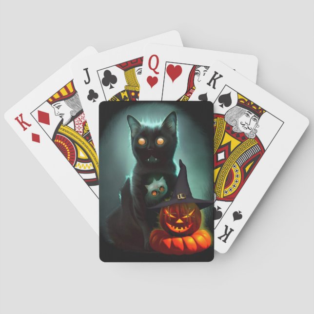 Baraja De Cartas Gato de vampiros y mago calabaza Halloween Surreal (Reverso)